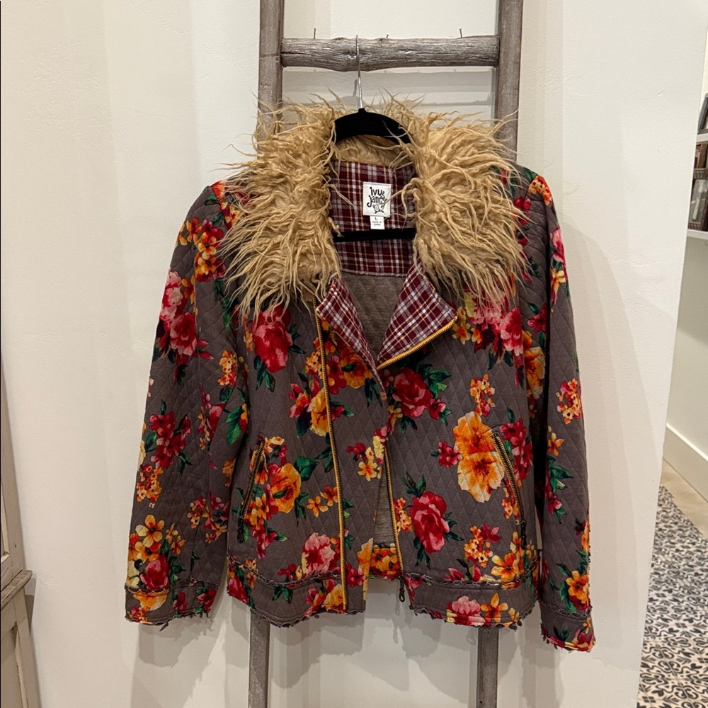Ivy Jane Plaid and Floral Jacket with Faux Fur Collar and ribbon trim
